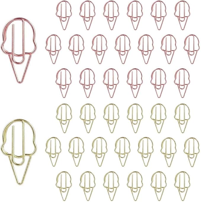 OWLFAVO 40pcs Ice Cream Shape Paper Clips with Clear Box, Rose Gold and Yellow Gold, Funny Cute Paperclips Bookmarks Planner Clips for Fun Office Supplies School Gifts Wedding Decoration