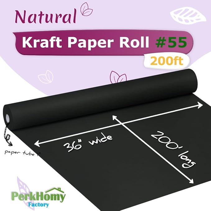 PerkHomy 36" x 2,400" (200') Black Kraft Paper Roll for Craft Bulletin Board Paper Art Table Covering Crafting Gift Wrapping Bouquet Packing Parcel 80GSM 55LB (Black, 36" x 200')