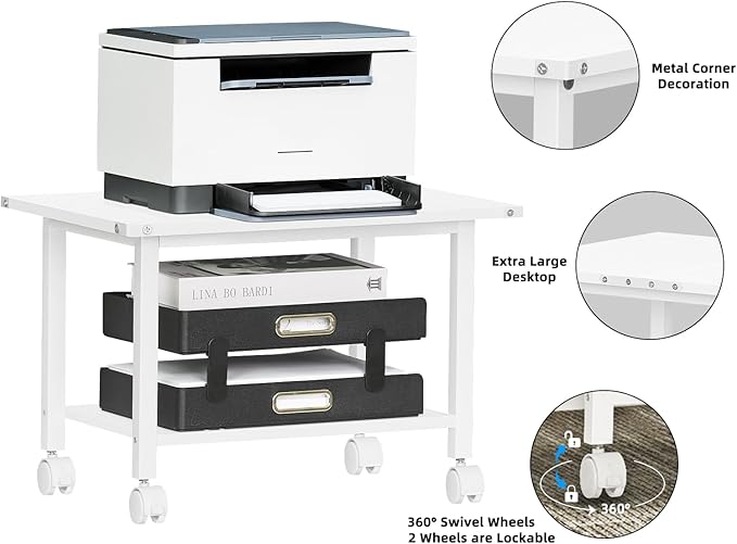 Lerliuo Under Desk Printer Stand, 2-Tier Industrial Mobile Printer Table with Storage Shelf and Steel Frame, Rolling Printer Cart Holder with Lockable Wheels for Home, Office (White)