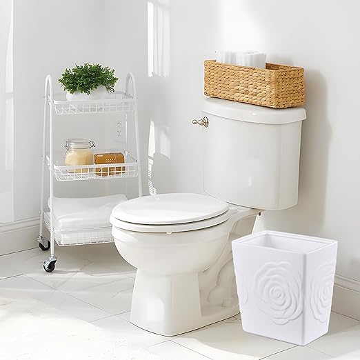 White Ceramic Rose Small Bathroom Trash Can 2.5 Gal (9 Liter), Heavy Small Kitchen Garbage Bin, Living Room Bedroom Corner Trash Can, Decorative Wastebasket for Outdoor Garden, Home Office,Hotel Motel