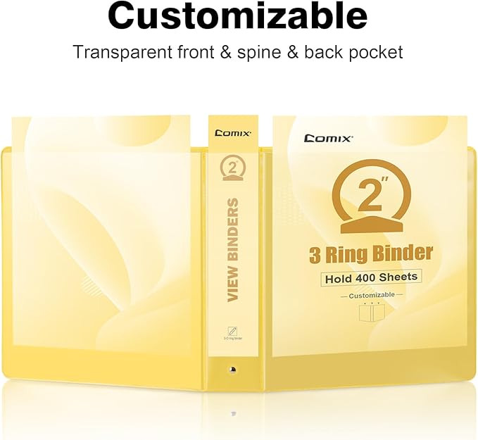 COMIX Standard 3 Ring Binder 2 inch with Clear View Cover, 2" Round Ring View Binder Holds 400 Sheets of US Letter Size Paper, 6 Pack (Lemon Yellow)