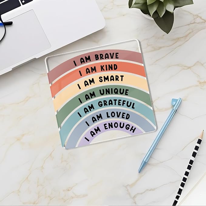 Positive Affirmations I Am Enough Desk Decor Acrylic Sign 4x4 Inch, Inspirational Gifts for Women Men, Cute Rainbow Desk Gadgets Table Top Cubicle Accessories Office Living Room Bedroom Decor
