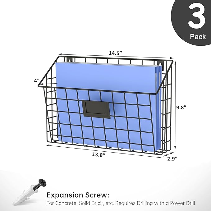 X-cosrack Detachable Hanging Wall Files Rack&3-Tier Metal Folder Wall File Holder with Tag Slot Mounts on Wall and Door for Office, Home, and Work Easy Organizing,Black(Patent Pending)