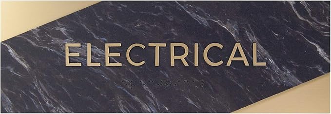 Electrical Sign with Braille/Small Business Easy Adhesive Mount Door and Wall Sign / 3" x 9" / Dark Marble Design