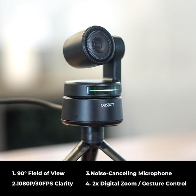 OBSBOT Tiny 1080P PTZ Webcam with AI Tracking, Auto Framing, Noise Reduction, and Gesture Control