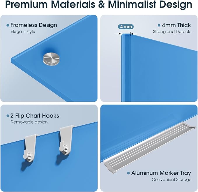 MaxGear Glass White Board 36x24, Bule Wall Mounted Magnetic Glass Dry Erase Board, Large Frameless Whiteboard with 1 Eraser,3 Markers and 6 Magnets for Office, School, Home