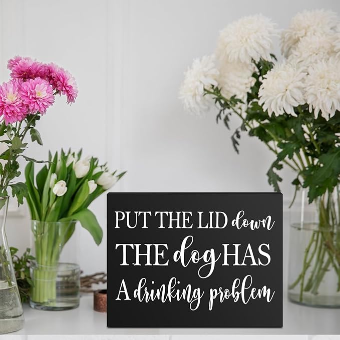 mmiishe Put the Lid Down the Dog Has a Drinking Problem Wooden Box Sign Decorative Funny Bathroom Wood Box Sign Home Decor Rustic Farmhouse Square Desk Decor Sign for Shelf 6 x 8 Inches Black