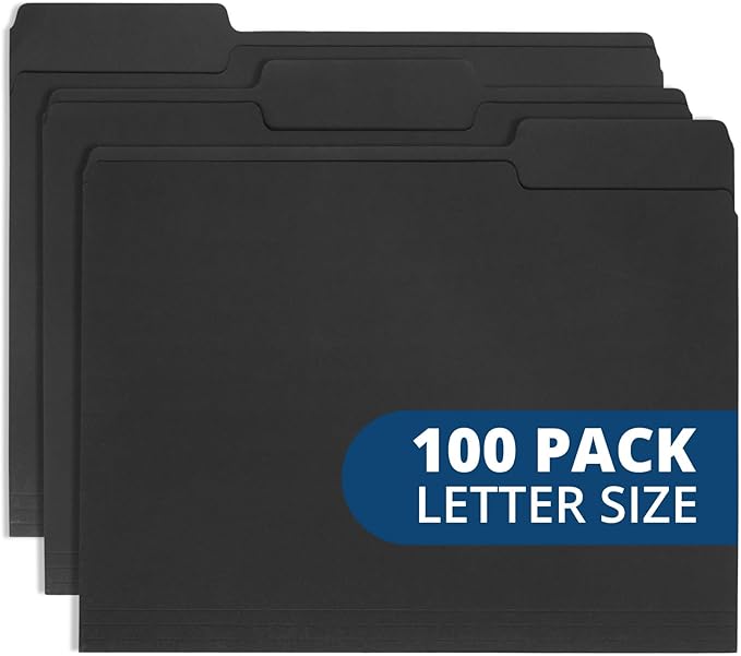 100 Blue Summit Supplies Black File Folders - Letter Size File Folders with 1/3 Cut Tabs, Durable 11pt Black Paper, Holds Letter Size Documents, Black Folder 100 Pack