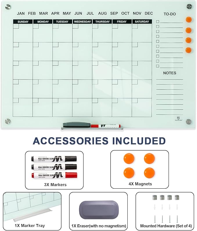 TSJ OFFICE Glass Calendar Whiteboard - 36 x 24 Inches Wall Mounted Monthly Dry Erase Calendar for Wall, Large Magnetic Glass White Board for Office, Home & School