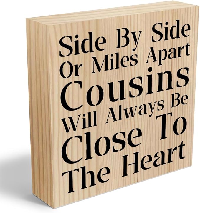 Cousin Wooden Box Sign Decorative Cousins Gifts Home Office Desk Decor for Tabletop Bookshelf Farmhouse Bedroom Living Room Library Dining Room Rustic Square Tiered Tray Wall Decor birthday Wood Color