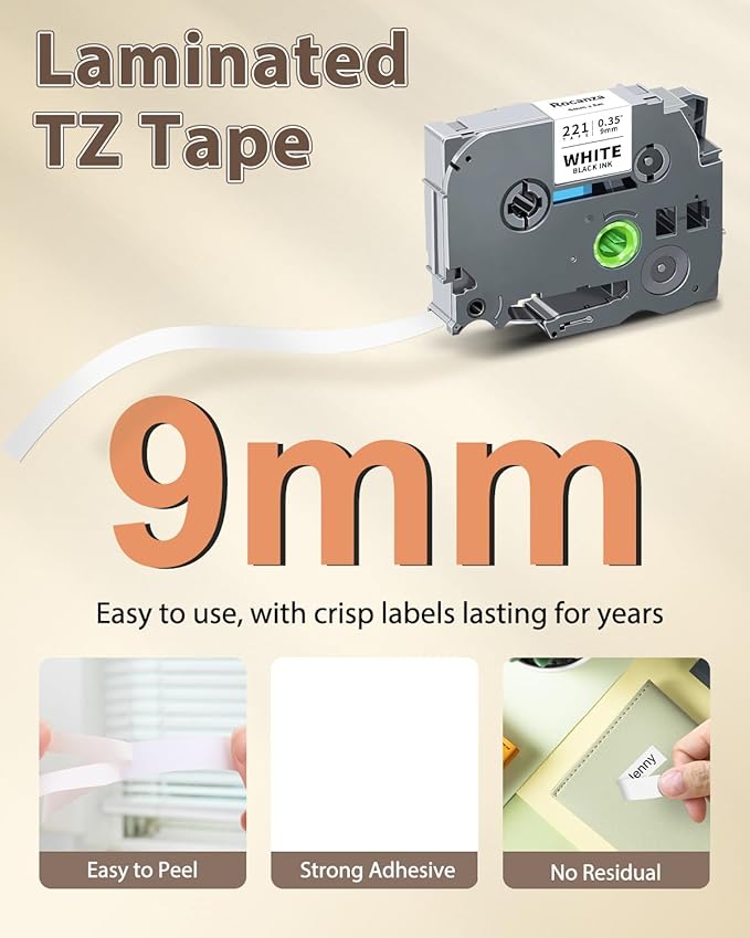 TZe-221 TZ Tape 9mm 0.35 Laminated White Compatible with Brother Label Maker Tape TZe-221 PTouch 3/8" Work with Brother PTouch D220 PTD210 PTH110 PTH111 PTP710BT PTD400 Cube, 6-Pack