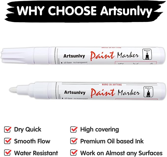 White Paint Pens marking pens Permanent Markers - 2 Pack Oil Based Waterproof Markers for Tire, Rubber,Wood, Rocks, Metal, Canvas,Plastic, Dark Surface,Craft office Supplies,Medium Point