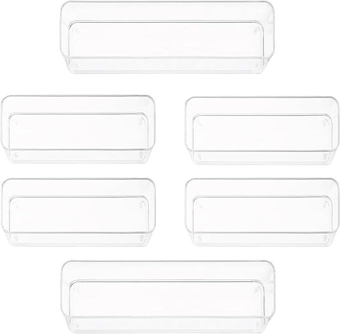 Six Pcs. Plastic Clear Drawer Organizers. Stackable Storage Trays for Kitchen Utensils and Silverware. 2 Sizes. Stackable