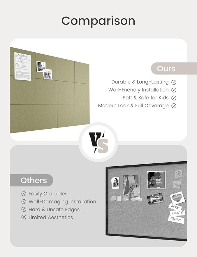 Bumusty Large Cork Board 47"x35" Alternative - 12 Pack Felt Wall Tiles with 70 Safe Removable Adhesive Tabs, 30 Pushpins, Cork Boards for Walls Pin Board Bulletin Board Office Decor (Olive Green)