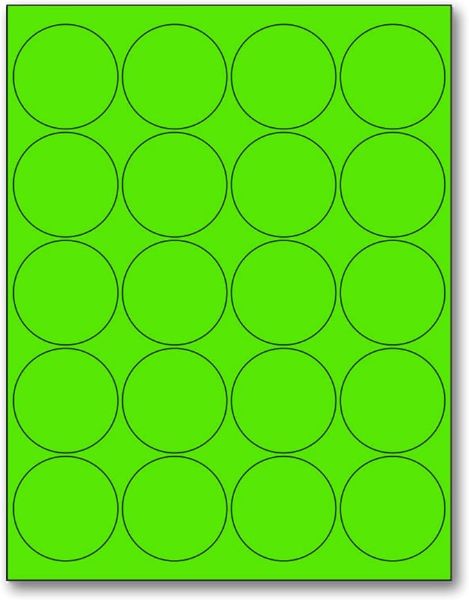 NextDayLabels - 8-1/2 x 11 Neon Color High Light Fluorescent Labels for Laser & Inkjet Printer (Green Fluorescent, 2" Round - 20 Per Page | 500 Labels)