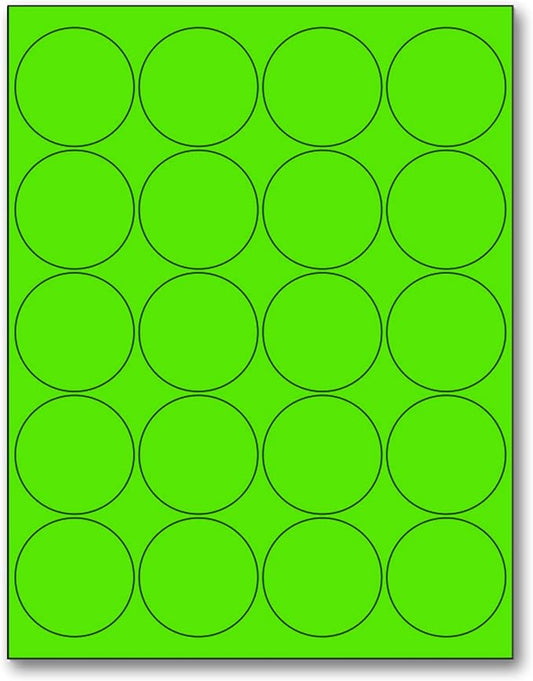 NextDayLabels - 8-1/2 x 11 Neon Color High Light Fluorescent Labels for Laser & Inkjet Printer (Green Fluorescent, 2" Round - 20 Per Page | 500 Labels)