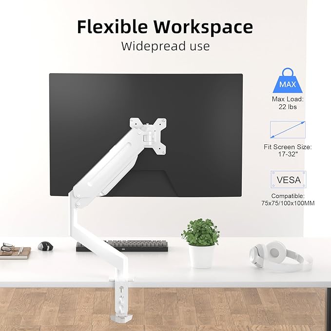 Suptek Single Monitor Mount Adjustable Gas Spring Monitor Arm Desk Mount Stand Fits 17 20 22 23 24 26 27 32 33 inch Monitors,Holds up to 22 lbs,White(MD18W)