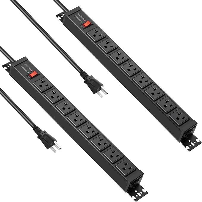 JUNNUJ 20 Amp Power Strip Heavy Duty 2 Pack, 4800J Surge Protector Metal Power Bar Multi Angle Mount, 20A Garage 8 Outlet Shop 6-20R T-Slot, 5-15P Adapter 12 Gauge Extension Cord 6ft for Appliance
