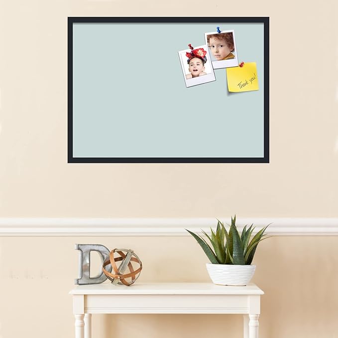 PinPix 34x24 Inch Cork Bulletin Board. This Decorative Framed Pin Board Comes with Soft Blue Design and a Satin Black Frame. Ideal for Home Office Decor or Message Board (PinPix-1814)