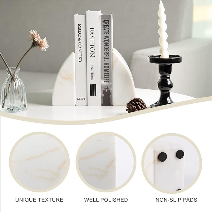 Koville Marble Bookends for Shelves, Large Bookends for Heavy Books, Natural Stone Book Stopper for Books CD Movies, Aesthetic Decorative Book Ends (Golden Calacatta)