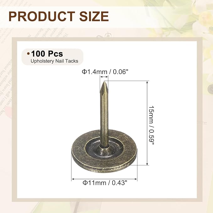 uxcell 100Pcs Upholstery Tacks, 11mmx15mm Flat Head Thumb Tack Decorative Furniture Nails Push Pins for Furniture Sofa Headboards, Bronze