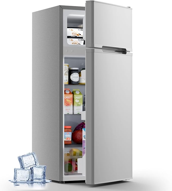 Kismile 4.5 Cu.Ft Mini Fridge with Freezer, Compact Mini Refrigerator with Adjustable Removable Glass Shelves,Small Fridge with 2 Doors for Home,Kitchen,Dorm,Apartmen,Grey