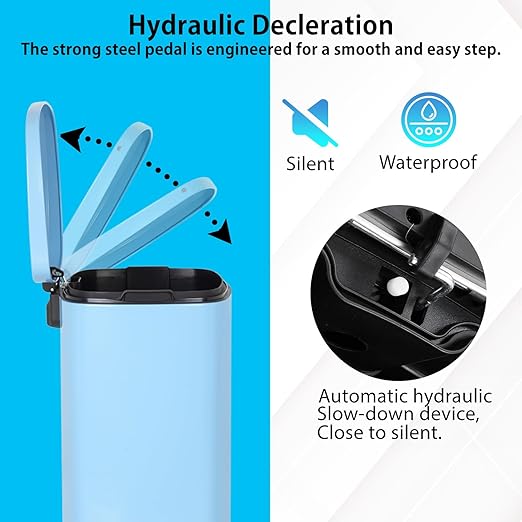 PayLessHere Stainless Steel Trash Can with Lid - Removable Inner Bucket, Foot Pedal Soft Close for Office, Home, Kitchen Garbage Bin (Blue, 13 G)