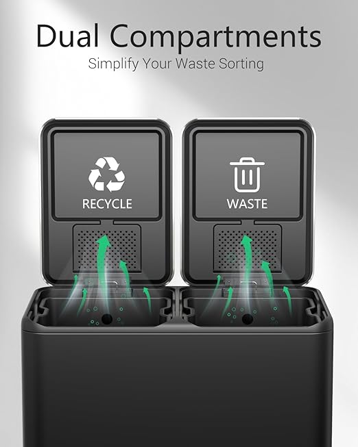 TLSUNNY Kitchen Dual Trash Can, 60L Hands-Free Stainless Steel Garbage Can, Classified Rubbish Bin with Double Compartments, Soft-Close Lid, Inner Bucket, Odor Control (60L) (Black)