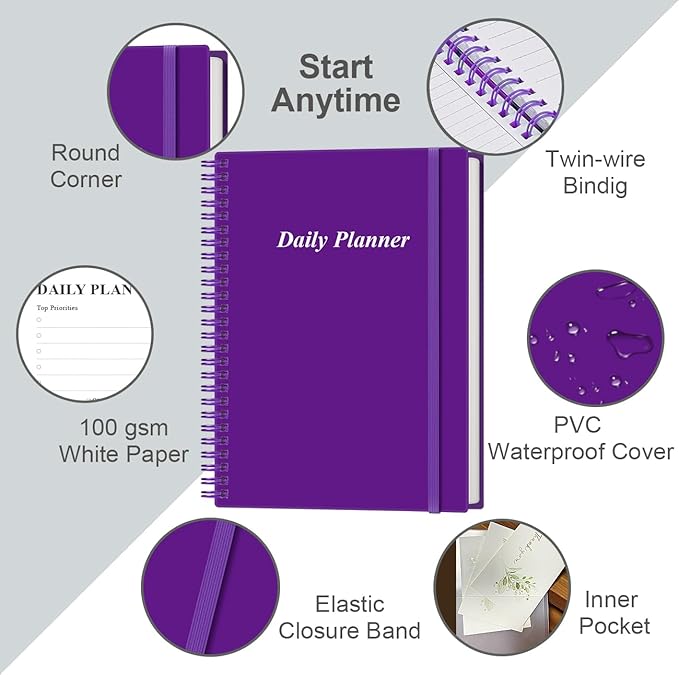 Daily Planner Undated - B5 To Do List Notebook Hourly Schedules, Spiral Appointment Planner for Women and Men, PVC Hardcover, Inner Pocket, Elastic Closure, 7" x 10", Purple