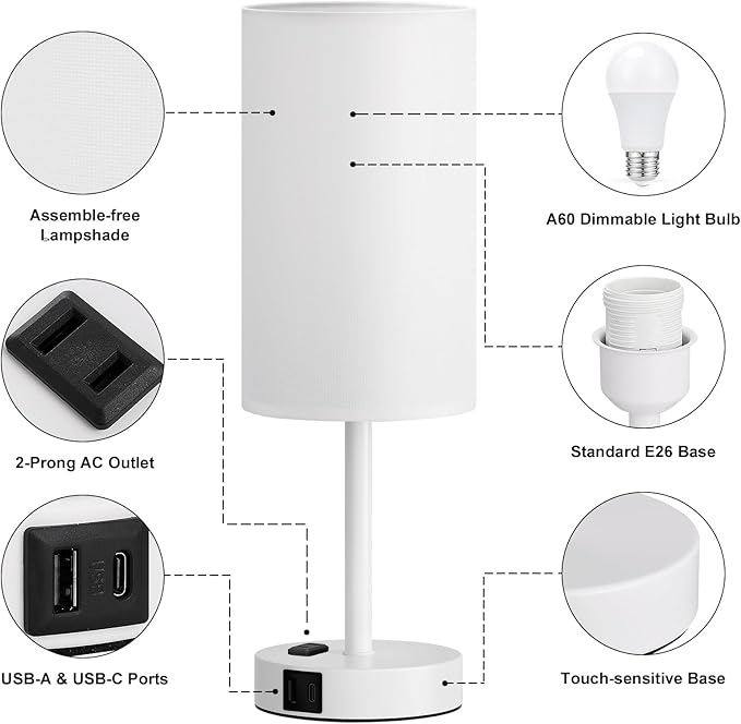 Fenmzee White Nightstand Bedroom Lamp - 3 Way Dimmable Bedside Lamp USB C A Charging Ports and AC Outlet, Small Table Lamp Linen Lampshade for Office Desk