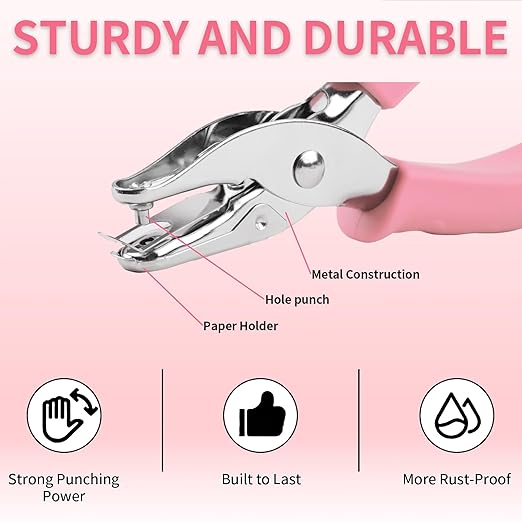 Single Hole Punch, 2 Pcs Hand Hole Puncher with Soft Grip Handle, 1/4" and 1/8" Small Hole Paper Punch for Crafts, Scrapbooks, 6 Sheets Capacity, Tags, Tickets - Pink