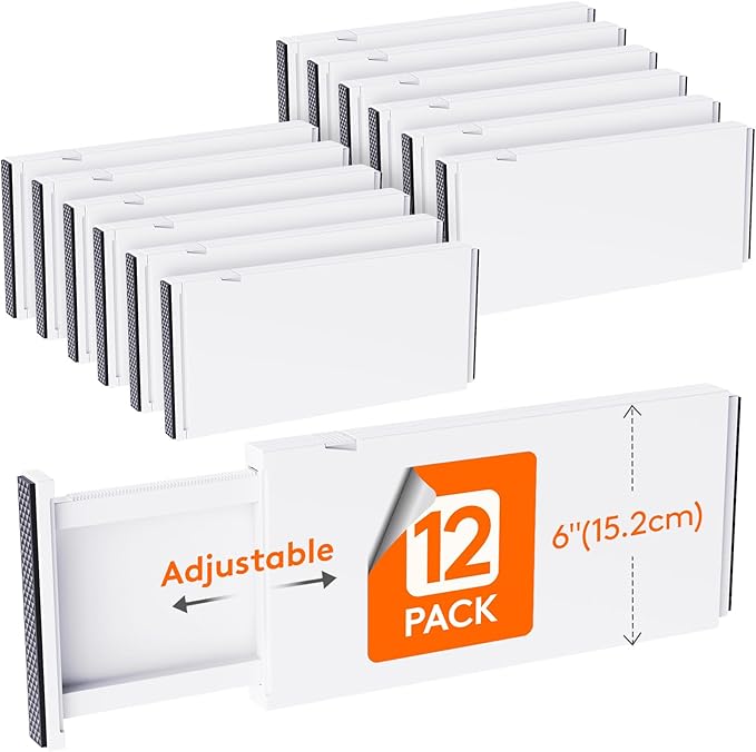 Lifewit 12 Pack Drawer Dividers Plastic 6" High, 13.5-22" Adjustable Drawer Organizers for Clothes, Expandable Dresser Separators in Bedroom/Bathroom/Kitchen/Fridge/Office Organization and Storage