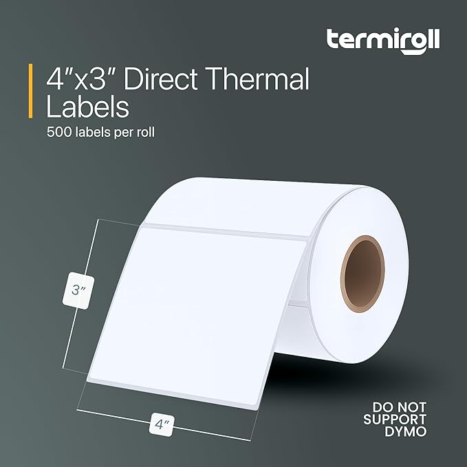 4x3 Thermal Labels for Shipping, Mailing & Multipurpose Label Stickers – 500 Labels/Roll Perforated – Compatible with Rollo,Zebra,iDPRT,Munbyn – Strong Adhesive,BPA-Free,Commercial Grade by Termiroll