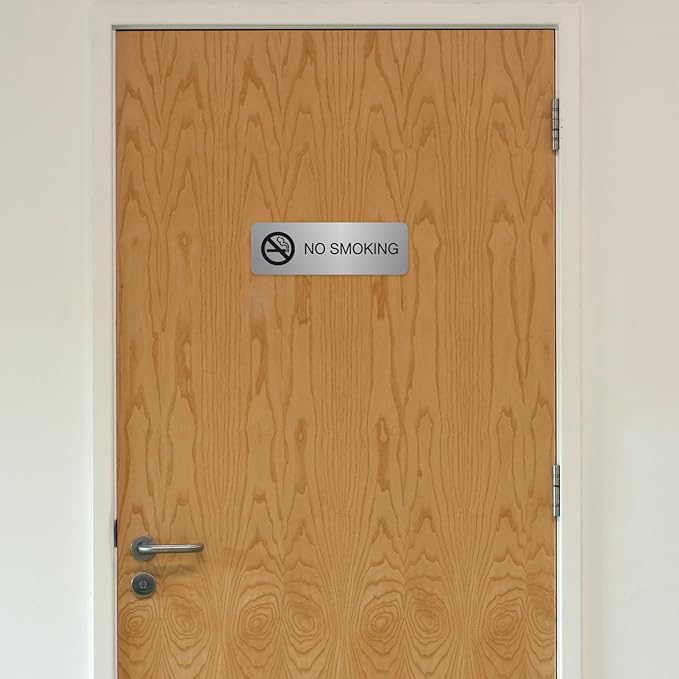 No Smoking Silver Sign/Small Business Restaurant Office School Smoking Prohibited Notice / 3" x 9" Flat Easy Adhesive Door And Wall Mount/Made In The USA