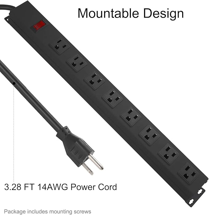 2Pack Metal 8 Outlet Mountable Power Strip, Wall Mount Outlet Heavy Duty, Wide Spaced Commercial Shop Power Strip with Switch, 3 FT SJT 14AWG Power Cord.