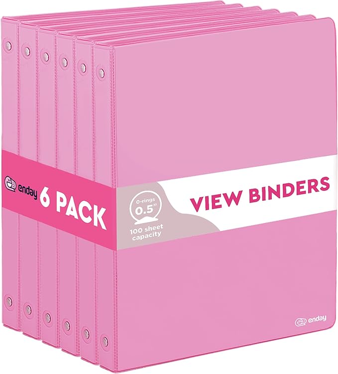 ½ Inch 3 Ring Binder Pink, .5 Inch Round Ring Clear View Cover with 2 Inside Pockets Binders, Colored School Supplies Binders, Also Available in Purple, Red, Green, Blue, and Grey (6 PC) – by Enday