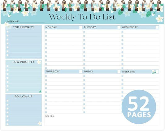 Weekly To Do List Notepad, Undated Planner with 52 Sheets (8.5''x11''), Desk Weekly Planner for Women & Man, Home School & Work (Flower)