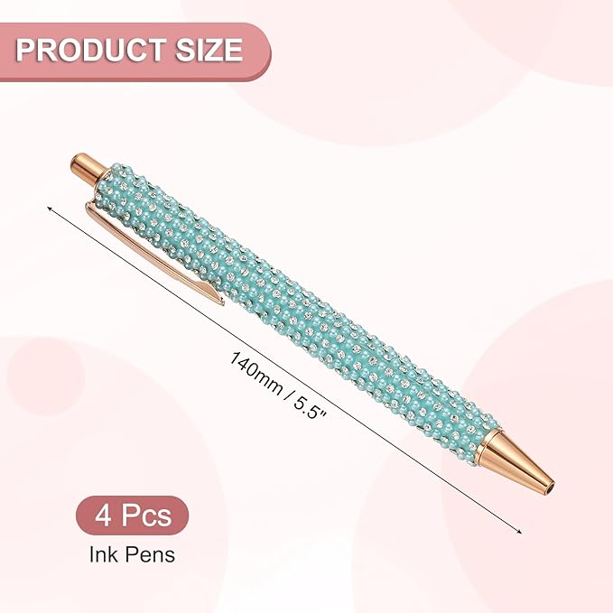 PATIKIL Rhinestone Metal Ballpoint Pen, 4 Pack Crystal Pearl Pens Black Ink 1.0mm Point Sparkly for Women Gift Office Note Taking Journaling, Blue