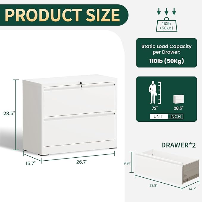 2 Drawer Lateral File Cabinet with Lock, 26.77“W File Cabinets for Home Office Legal/Letter A4 Size, File Cabinet Storage Cabinet,Require Assembly, White