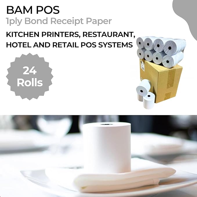 1Ply Bond Receipt Paper Rolls 3 x 150 White Paper for Kitchen Impact Printers TMU200 SRP275 Star SP700 Suitable For Printing Kitchen Tickets and Order receipts 24 Rolls Per Case