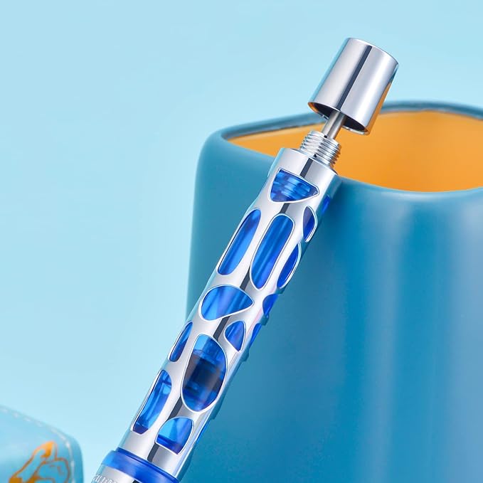 Asvine V169 Vacuum Filling Fountain Pen Extra Fine Nib, Water Drop Skeleton Transparent Blue Acrylic Pen Case Set