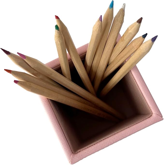 UnionBasic Square Pen Holder, Leather Pencil Cup, Desktop Caddy Stationery Organizer, Taiga Pattern Leather, Pink