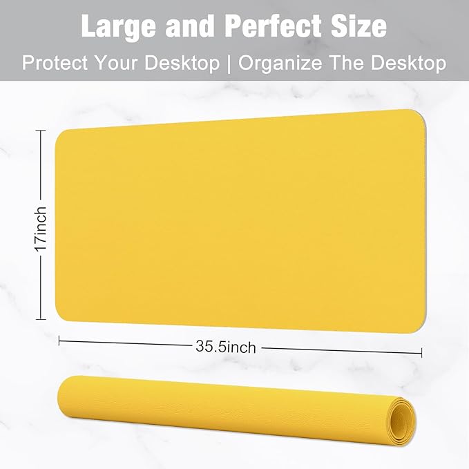 Hsurbtra Desk Pad, 35.5" x 17" PU Leather Desk Mat, XXL Extended Mouse Pad, Waterproof Desktop Blotter Protector, Non-Slip Ultra Thin Large Laptop Keyboard Writing Mat for Office Home, Yellow