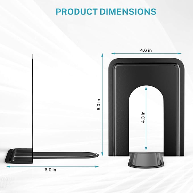 MaxGear Premium Matte Painted Book Ends, Heavy Duty and Sturdy Bookends for Shelves, Office Non-Skid Metal Book End Stopper for Books/CDs/DVDs, 6 x 4.6 x 6 in, Black, 2 Pairs/4 Pieces, Large