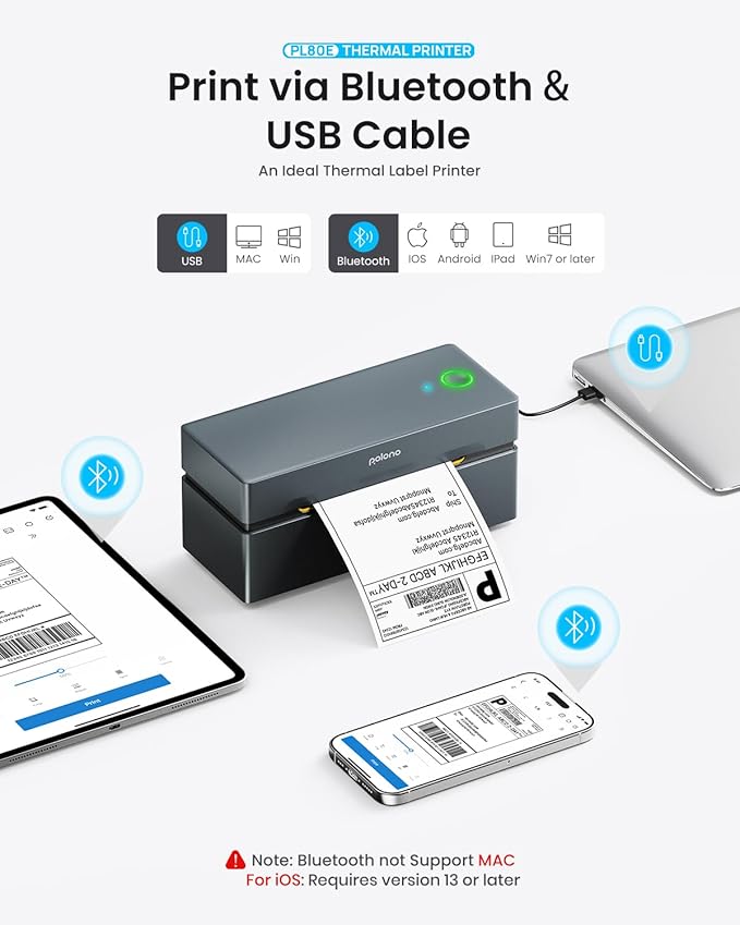 POLONO Bluetooth Thermal Shipping Label Printer, Wireless 4x6 Shipping Label Printer for Small Business, Support iOS, Android, Windows and Mac, Compatible with Amazon, Ebay, Shopify, Etsy, USPS (Grey)