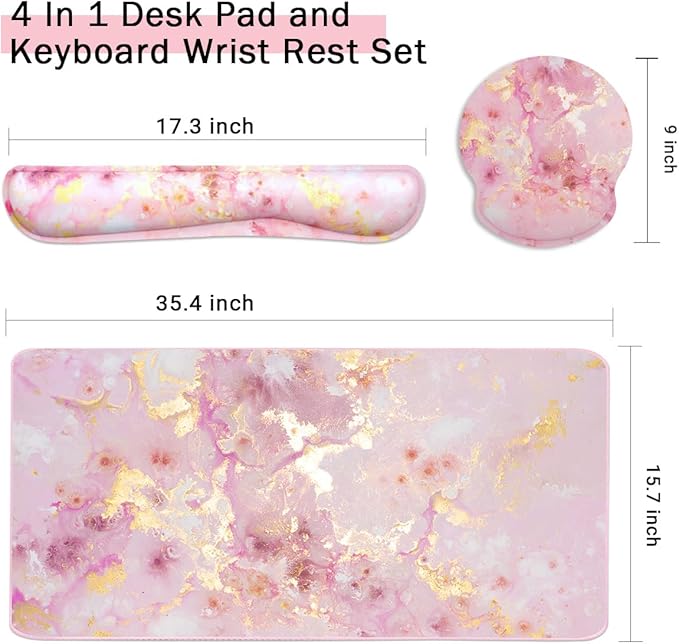 4-in-1 Gaming Mouse Pad Wrist Support Set，Desk Pad + Mouse Pad with Wrist Rest + Keyboard Wrist Rest + Coaster, Ergonomic Design for Home Office Study Game - Pink