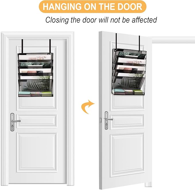 EASEPRES Desk File Organizer Mesh 6-Tier with Hangers, Hanging Wall Mount Document Organization Stand, Desktop Vertical Mail Paper Folder Holder with Bottom Tray for Office Home Cubicle, Black