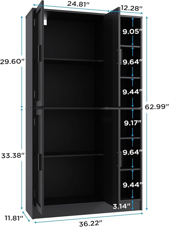 63" Tall Black Kitchen Pantry, Freestanding Storage Cabinet with 4 Doors, Adjustable Shelves for Dining Room, Laundry Room