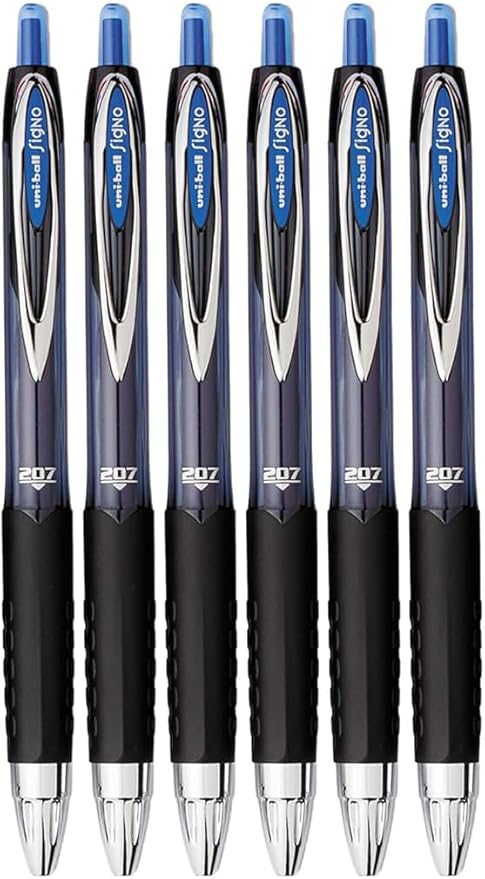 Signo 207 Roller Ball Retractable Gel Pens, Medium Point (0.7mm), Blue Ink, 6 Count, Bundle with Plastic Reusable Pouch