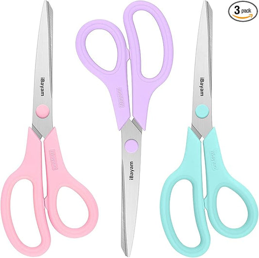 Scissors, iBayam 8" All Purpose Scissors Bulk 3-Pack, Ultra Sharp 2.5mm Thick Blade Shears Comfort-Grip for Office Desk Accessories Sewing Fabric Home Craft School Supplies, Right/Left Handed
